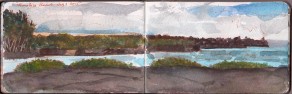 Punalu'u Beach. Watercolor in Moleskine journal, 3.5 x 10 inches. July 2, 2015