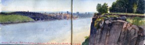 Yonkers from the Jersey Palisades. Thursday, August 4, 2016. Pen and watercolor on Moleskine watercolor journal. 3.5 x 10 inches.